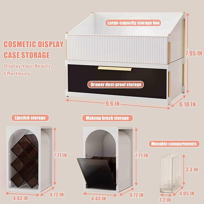 Large Makeup Organizer for Vanity with Brush Holder and Lipstick Display Stand, Countertop Cosmetic Storage with Drawer for Skincare, Nail Polish, Perfume and Eyeshadow Palettes