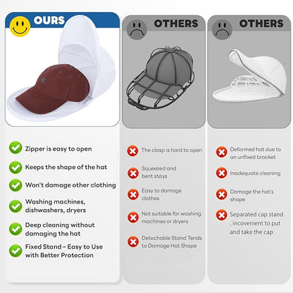 Upgraded Hat Washer Cage with Protective Mesh Bag, Durable Hats Cleaner for Caps, Hat Cleaner for Baseball Caps - Reusable, Fixed Holder, Prevents Deformation, Fits Most Hats, Pure White 2P