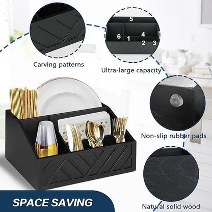 Ukonvi Paper Plate Dispenser, Paper Plate Holder for Kitchen Counter, Wood Rustic Silverware Utensil Caddy, Cutlery Flatware Organizer Box for Cups Spoons Forks Plates Napkins, Kitchen Accessories