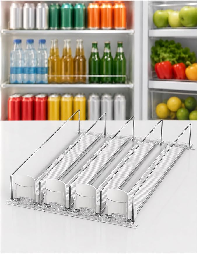 Adjustable Can Organizer for Fridge, Sliding Beverage Rack, Self-Feed Drink Storage, Front Shelf Display, Bottle and Can Holder(440 mm,4 pcs)