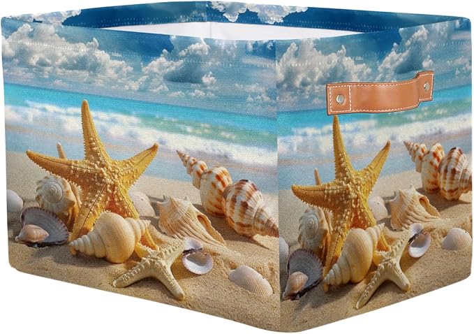 AUUXVA Storage Basket Sea Ocean Beach Starfish Shell Storage Cube Box Durable Canvas Collapsible Toy Basket Organizer Bin with Handles for Shelf Closet Bedroom Home Office