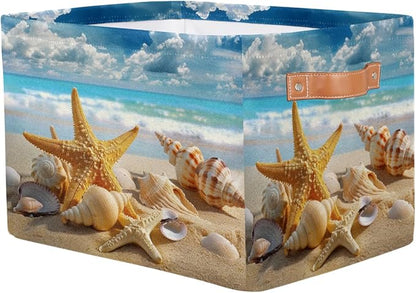 AUUXVA Storage Basket Sea Ocean Beach Starfish Shell Storage Cube Box Durable Canvas Collapsible Toy Basket Organizer Bin with Handles for Shelf Closet Bedroom Home Office