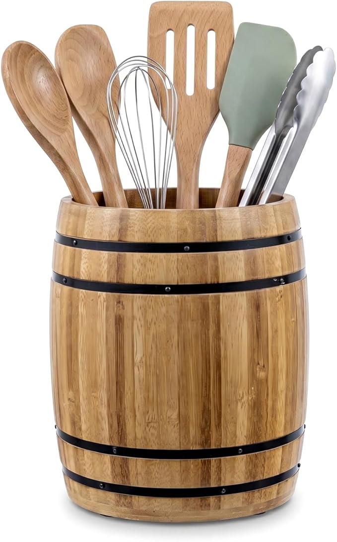 MyGift Wine Barrel Design Kitchen Utensil Crock, Light Brown Solid Bamboo Wood Cooking Tool Holder