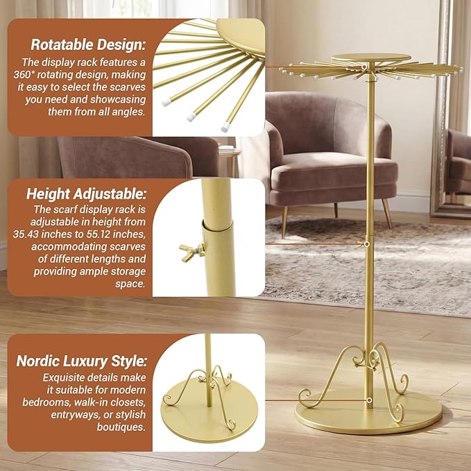 Novabright Adjustable Freestanding 360° Rotating Scarf Display Rack with 30 Rods, Gold Tie Belt Hanger Shawl Shelf Hijab Stand, 35.43-56" Height Scarf Holder for Boutique Clothing Store Home Storage