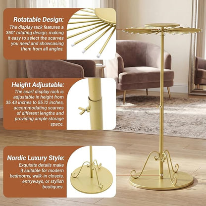 Novabright Adjustable Freestanding 360° Rotating Scarf Display Rack with 30 Rods, Gold Tie Belt Hanger Shawl Shelf Hijab Stand, 35.43-56" Height Scarf Holder for Boutique Clothing Store Home Storage
