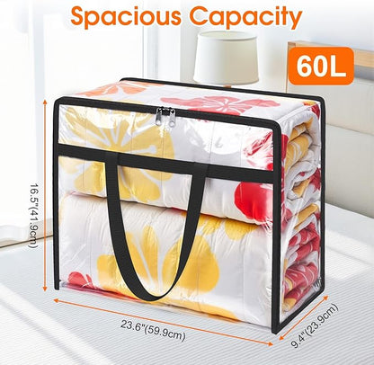 SpaceTrove Clear Clothes Storage Bags, 6 Pack Closet Organizers and Under Bed Storage Containers, Foldable Moving Bags with Zippers for Comforter, Blanket, Bedding, Duvet, PVC Packing Bags 60L