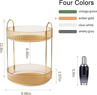 YCIA&DONE 360 Rotating Makeup Organizer and Storage for Vanity Countertop 2 Tiers, High Capacity Cosmetic Skincare Perfume Organizers for Dresser Bathroom Lazy Susan (Amber Gold)