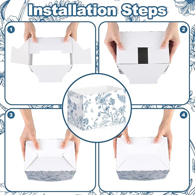 Sliner 2 Pcs Blue and White Floral Utensil Holder Paper Utensil Caddy for Wedding Bridal Shower Party Supplies Cutlery Holder with Handles Disposable Flower Butterfly Cutlery Organizer Snack Box Favor