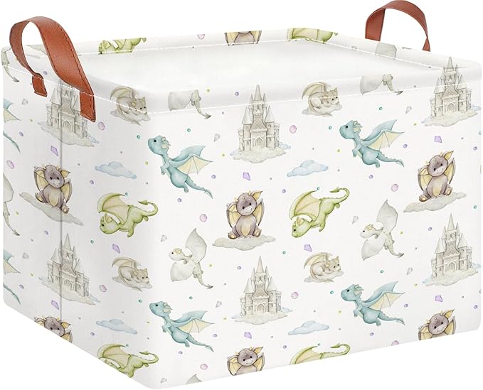 CLOCOR Rectangular Storage Basket Empty,Gift Basket,Waterproof Storage Bin with Handles,Room Decor(Castle Dinosaur)