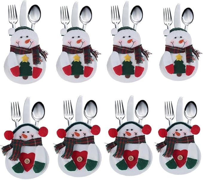 8Pcs Christmas Tableware Holders Set, White Snowman Knife and Fork Bags Covers for Thanksgiving New Year Christmas Party Decorations Xmas Dinner Table Decor Ornaments (White)