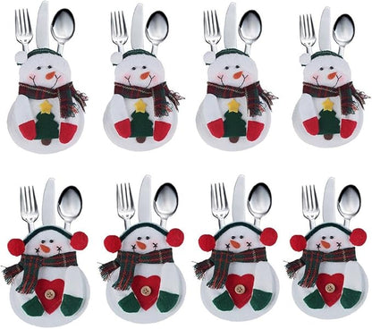 8Pcs Christmas Tableware Holders Set, White Snowman Knife and Fork Bags Covers for Thanksgiving New Year Christmas Party Decorations Xmas Dinner Table Decor Ornaments (White)