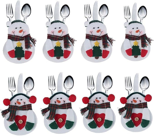 8Pcs Christmas Tableware Holders Set, White Snowman Knife and Fork Bags Covers for Thanksgiving New Year Christmas Party Decorations Xmas Dinner Table Decor Ornaments (White)