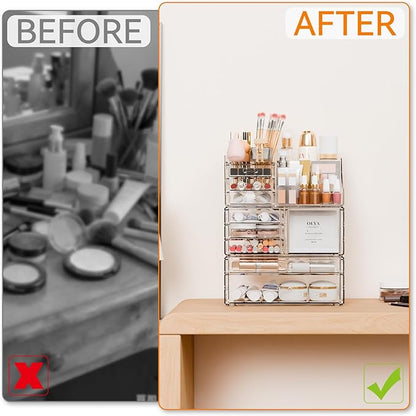 Yieach 3 Pack Clear Makeup Organizer Countertop for Dresser,Vanity and Bathroom Counter Organizer,Tiered Stackable Makeup Acrylic Organizers with 9 Drawer for Skincare,Brush and Make up Holders