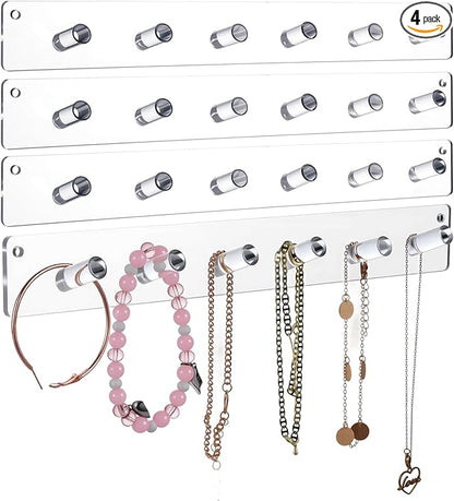 4 Pack Acrylic Necklace Holder – Wall Mounted Jewelry Organizer with 24 Hooks for Necklaces, Bracelets, Rings & Bangles, Clear Display Rack with Easy Installation (Screws & Tape Included)