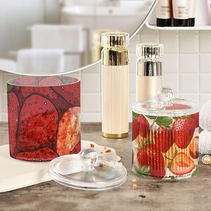 2 Pack Qtip Dispenser Apothecary Jars with Lids Cotton Round Holder Bathroom Canisters for Cotton Swab Floss Ball Pads Clear Plastic Decorative Red Strawberries