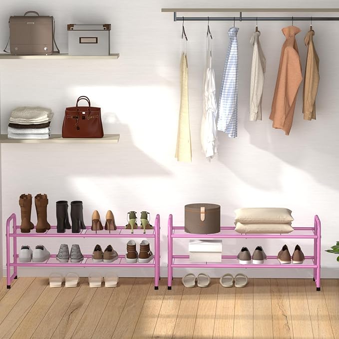 SUFAUY 2 Tier 33" Wide Shoe Rack, Closet Metal Wire, Stackable, Pink
