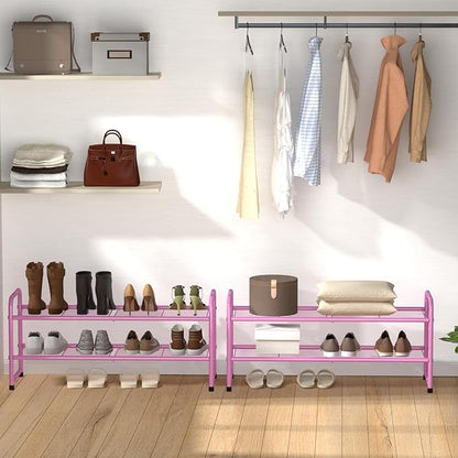 SUFAUY 2 Tier 33" Wide Shoe Rack, Closet Metal Wire, Stackable, Pink