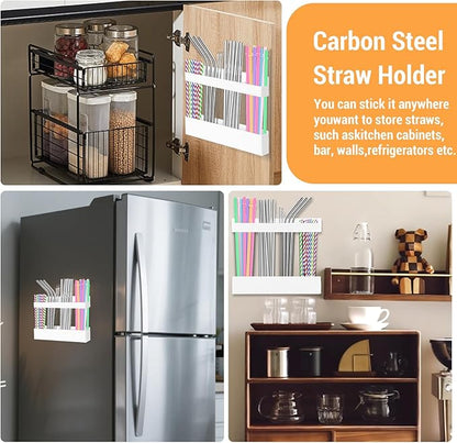 Carbon Steel Straw Holder for Cabinet – Heavy Duty Cabinet Straw Holder Organizer with Magnetic & Adhesive Mount, Organizer for Cabinet Door or Wall