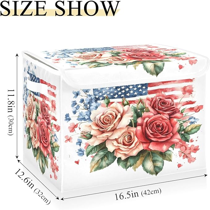 senya July Fourth Baskets Collapsible Storage Bins with Lids, Roses Gypsophila Flag Storage Boxes Clothes Baskets for Organizing