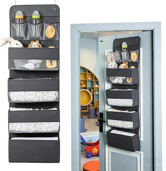 Jay-Chi Over Door Hanging Organizer Storage - 7 Large Pockets Closet Bathroom Baby Nursery Organizer Perspective Window Wall Mount Rack for Clothes Toys Sundries(Grey)