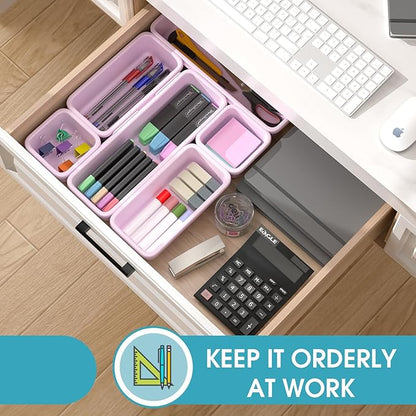 6 PCS Drawer Organizer Set, 3 Size Makeup Drawer Divider Organizer With Non-Slip Pads, Interlocking Plastic Storage Bins for Office,Jewelry Vanity,Gadgets, Bathroom,Kitchen, Purple