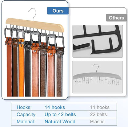 Belt Hanger for Closet Max 42 Belts, Sturdy Wood Belts Rack Closet Accessories with 14 Hooks Belt Organizer for Men Organizers and Storage -Wood 1 Pack