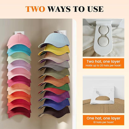 YOUDENOVA Hat Organizer for Baseball Caps, 2 Pack Hat Rack for Wall Hold up to 40 Hats, Adhesive Hat Storage Display for Wall and Closet Doors, White