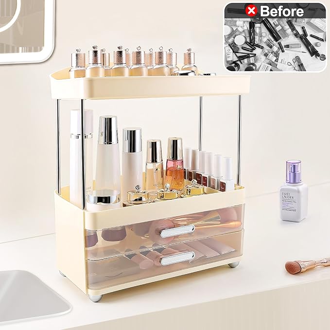 DASITON 4 Tiers Makeup Organizer, 2 Drawers Large Cosmetic Organizers for Vanity Bathroom Countertop, Bathroom Organizers and Storage for Skincare, Cosmetic, Perfume, Dresser Organizer (Cream+Clear)