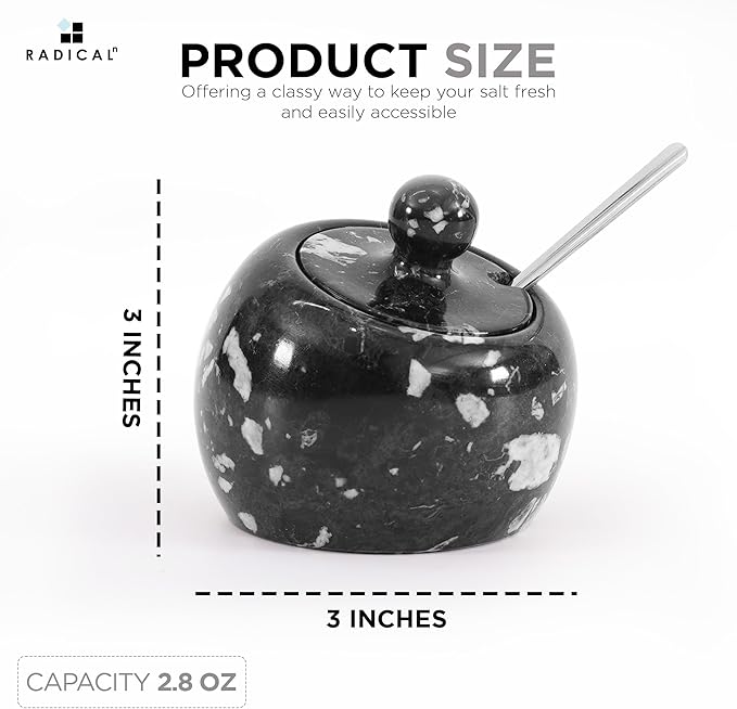 Radicaln Marble Salt Cellar with Lid 3" Inch Black Table Salt Container & Sugar Bowl For Kitchen Countertop, Ideal Salt Dish & Salt Jar for Celtic Salts