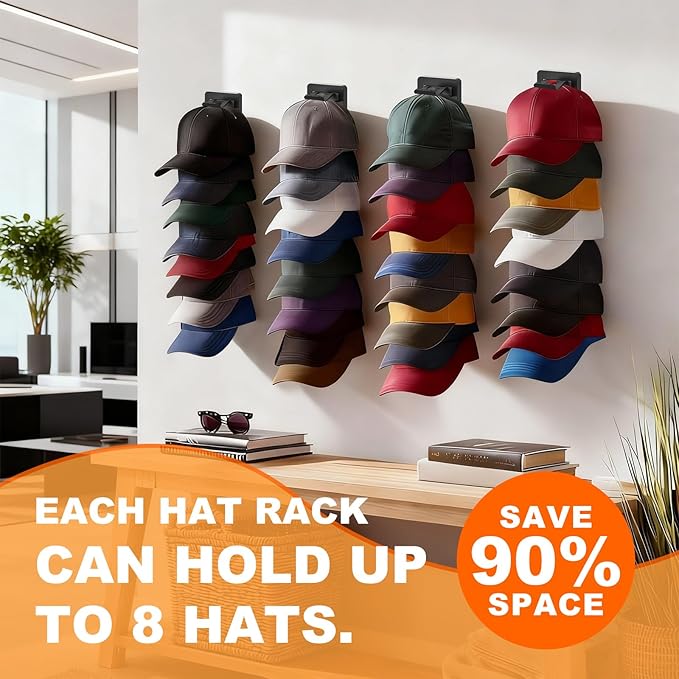 4 Pack Hat Organizer for Baseball Caps, Hat Rack for Wall, Strong Adhesive & Screw-in Cap Holder hat hangers for Closet Door & Bedroom