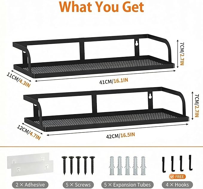 PUSDON 2-Pack 16.5" Extra Long Slim Hollowout Shower Caddy, Wall Mount Spice Rack & Bathroom Organizer, Mesh Bottom Cabinet Door Shelf Holds 50LBS - Matte Black, Hollowout