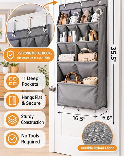 Over the Door Shoe Organizer, Hanging Closet Organizer with Deep Pockets, 900D Oxford Fabric, Heavy-Duty Hooks, Space Saving Storage for Shoes, Bags, Accessories – Gray, 15 Pockets