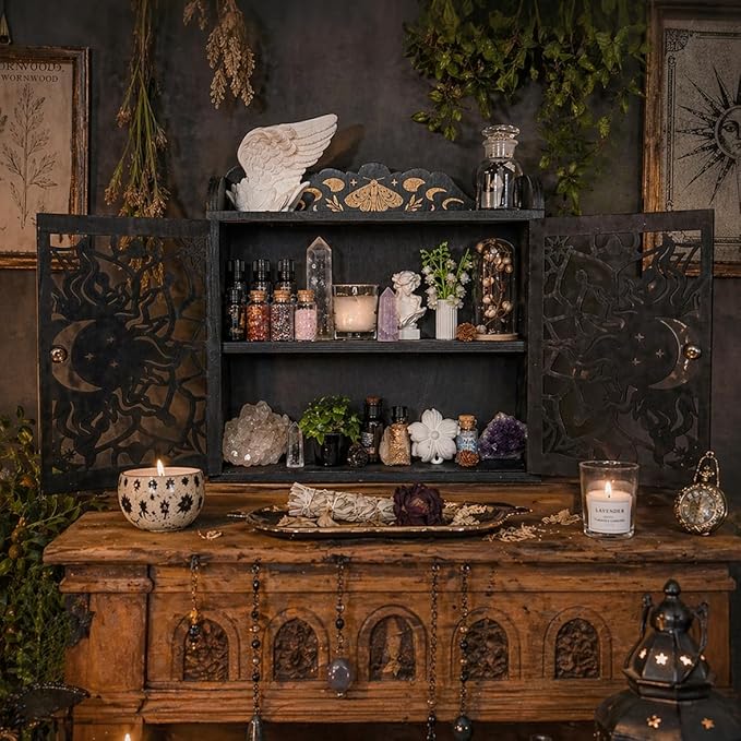 Large Crystal Display Shelf Case for Stones, Carved Sun Crescent Moon Shelf, Trinket Shelf Nail Polish Rack Crystal Holder Essential Oil Storage Rock Cabinet Gem Stone Organizer