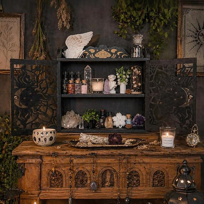 Large Crystal Display Shelf Case for Stones, Carved Sun Crescent Moon Shelf, Trinket Shelf Nail Polish Rack Crystal Holder Essential Oil Storage Rock Cabinet Gem Stone Organizer