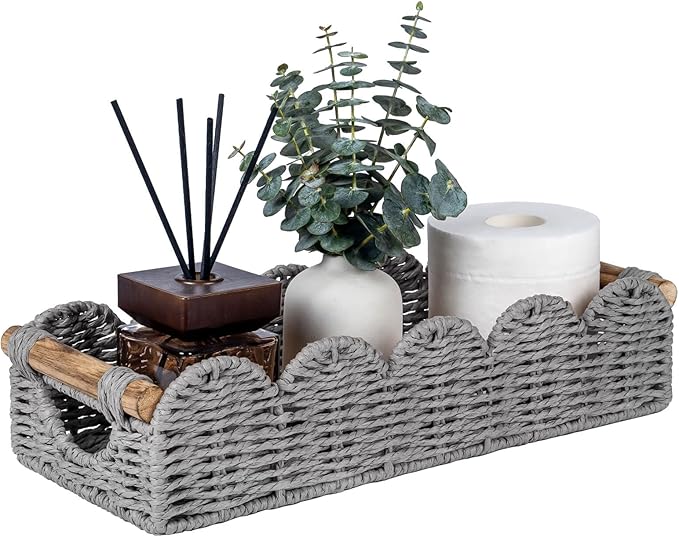 CubesLand Bathroom Basket Organizer w/Cut Out Handle, Back of Toilet Paper Storage Baskets Tray for Bathroom Countertop Decorative, Scalloped Wicker Basket Also for Home Decor, Living Room, Grey