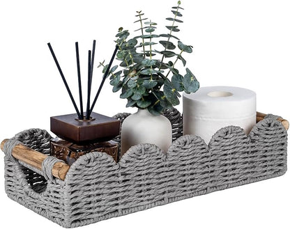 CubesLand Bathroom Basket Organizer w/Cut Out Handle, Back of Toilet Paper Storage Baskets Tray for Bathroom Countertop Decorative, Scalloped Wicker Basket Also for Home Decor, Living Room, Grey