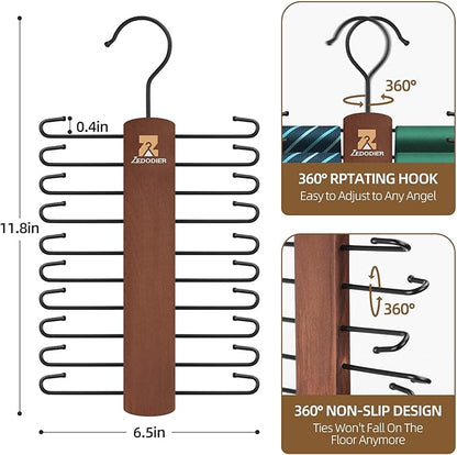 ZEDODIER 2 Packe Wooden Tie Rack, Tie Hanger for Men Closet, 40 Storage Capacity, Non-Slip Rotatable Tie Organizer, Hanging Space Saving Holder, Vintage
