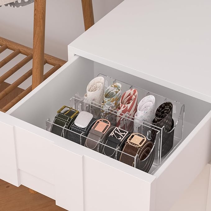 Sezanrpt 5 Compartments Acrylic Belt Organizer, Clear Belt Display Case for Tie Organizer Wall Mounted