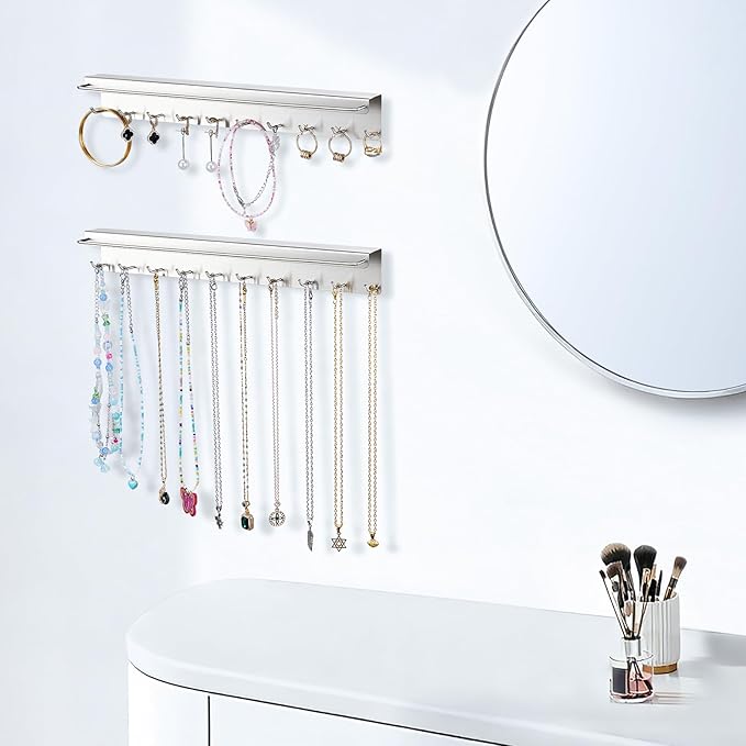 2PCS Necklace Holder Wall Mount, Sunglasses Organizer Wall Display with 20 Jewelry Hooks for Earring Bracelet Glasses, Hanging Jewelry Organizer, Sunglass Holder, Necklaces Hanger, Silver