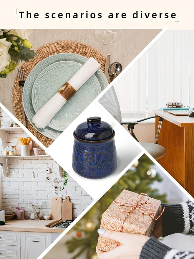 Salt & Pepper Bowl with Lid and Spoon, 10 OZ Ceramic Spices Cellar for Kitchen Counter top, Farmhouse Kitchen Decor (Vntage Blue, 4.3" Label Salt)