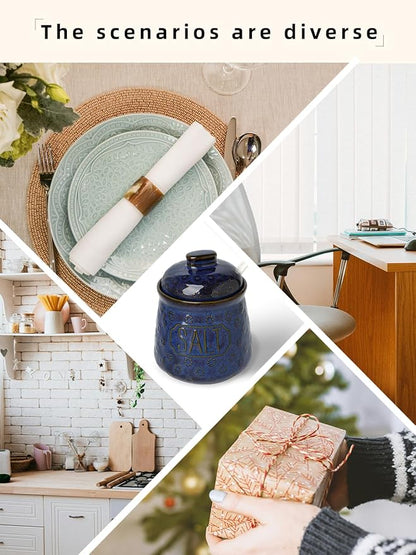 Salt & Pepper Bowl with Lid and Spoon, 10 OZ Ceramic Spices Cellar for Kitchen Counter top, Farmhouse Kitchen Decor (Vntage Blue, 4.3" Label Salt)