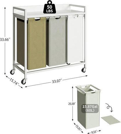 Herture Laundry Hampers with Shelf, Laundry Basket 3 Section, Laundry Sorter with Pull-Out Removable Large 3 Color Bags and Movable Wheels, Metal Frame, 3 x 15.87 Gallons (60L), White PF04XLE