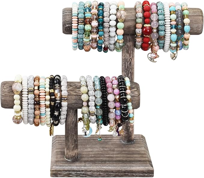MOOCA 2 Pcs 2- Tier Space Saving Wooden Bracelet Holder Stand, Bracelet Display Stand For Selling, Watch Display, Free assembly, Coffee Color