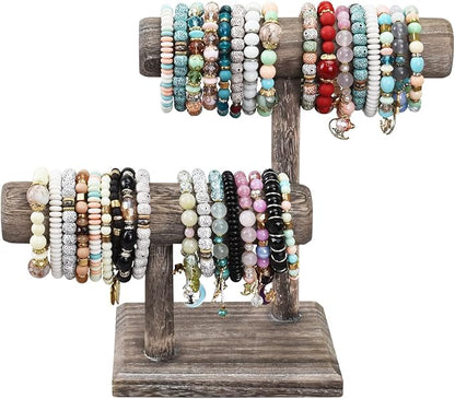 MOOCA 2 Pcs 2- Tier Space Saving Wooden Bracelet Holder Stand, Bracelet Display Stand For Selling, Watch Display, Free assembly, Coffee Color