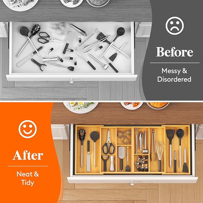 Lifewit Expandable Utensil Organizer for Kitchen Drawer, Adjustable Cooking Silverware Tray, Plastic Cutlery Flatware Holder, Spatula Tools Gadgets Storage Divider, 21- 36 x 16, Bamboo, Natural