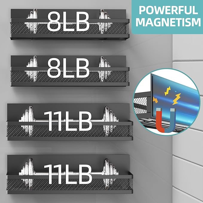 Magnetic Spice Rack for Refrigerator, 4 Pack Magnetic Shelf with 10-Hook Rack, Carbon Steel, Black, for Kitchen Organizers and Storage