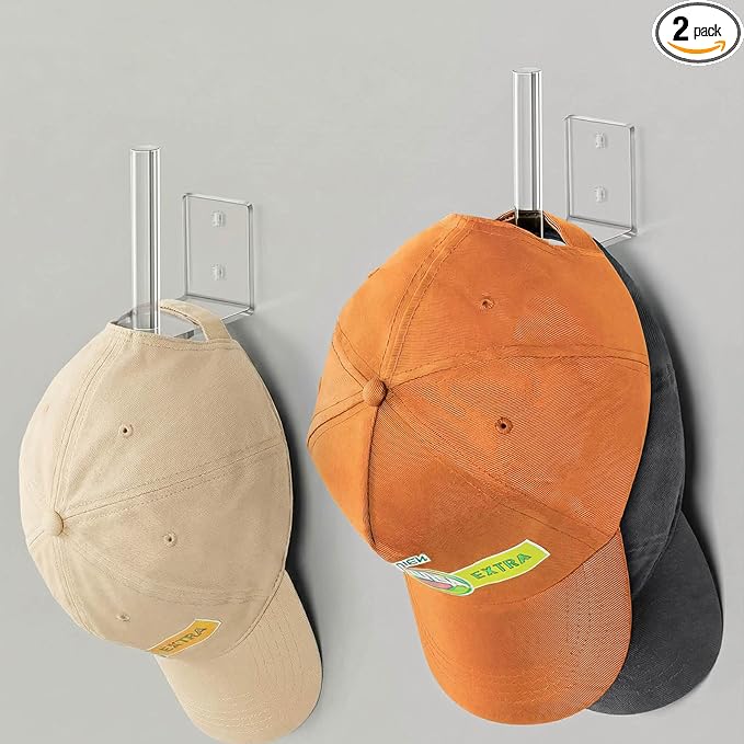 Clear Acrylic Baseball Cap Organizer (2 Pack) - Floating Hat Rack Display Holds 10-15 Hats, L-Shaped Hat Hanger with Adhesive & Screws, Hat Storage for Wall, Door, Closet Decor