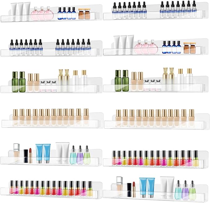 12 Pack Wall Mounted Acrylic Nail Polish Organizer Rack 15 Inch Clear Nail Polish Shelf with Removable Ends Multi-Purpose Shelf for Essential Oils Cosmetics Storage Display