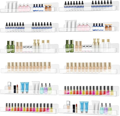 12 Pack Wall Mounted Acrylic Nail Polish Organizer Rack 15 Inch Clear Nail Polish Shelf with Removable Ends Multi-Purpose Shelf for Essential Oils Cosmetics Storage Display