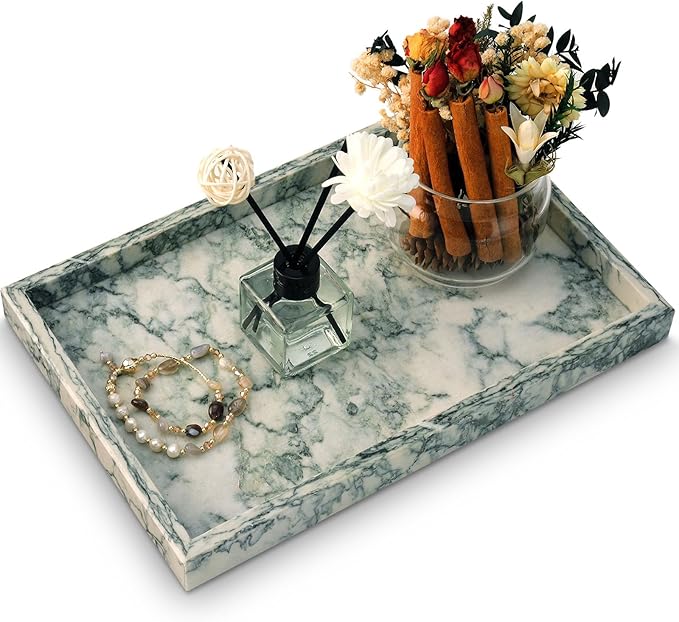 Marble Bathroom Tray,Pure Natural Vanity Tray,Marble Tray for Kitchen Counter Non-Ceramic/Non-Resin,Stone Trays 12 x 8 inch Cyan Green